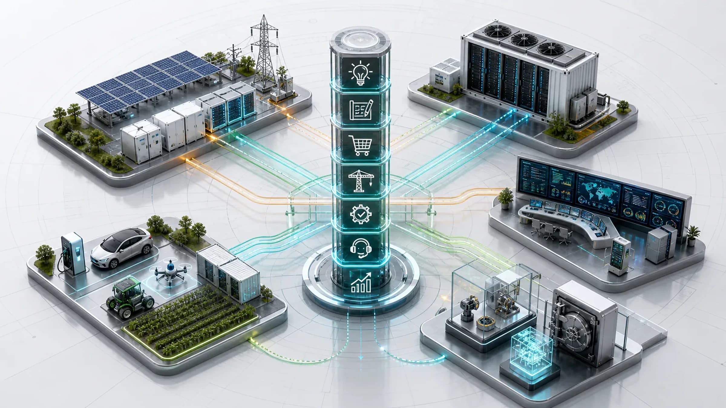 Capability architecture visual showing five engineering verticals connected to one execution discipline.