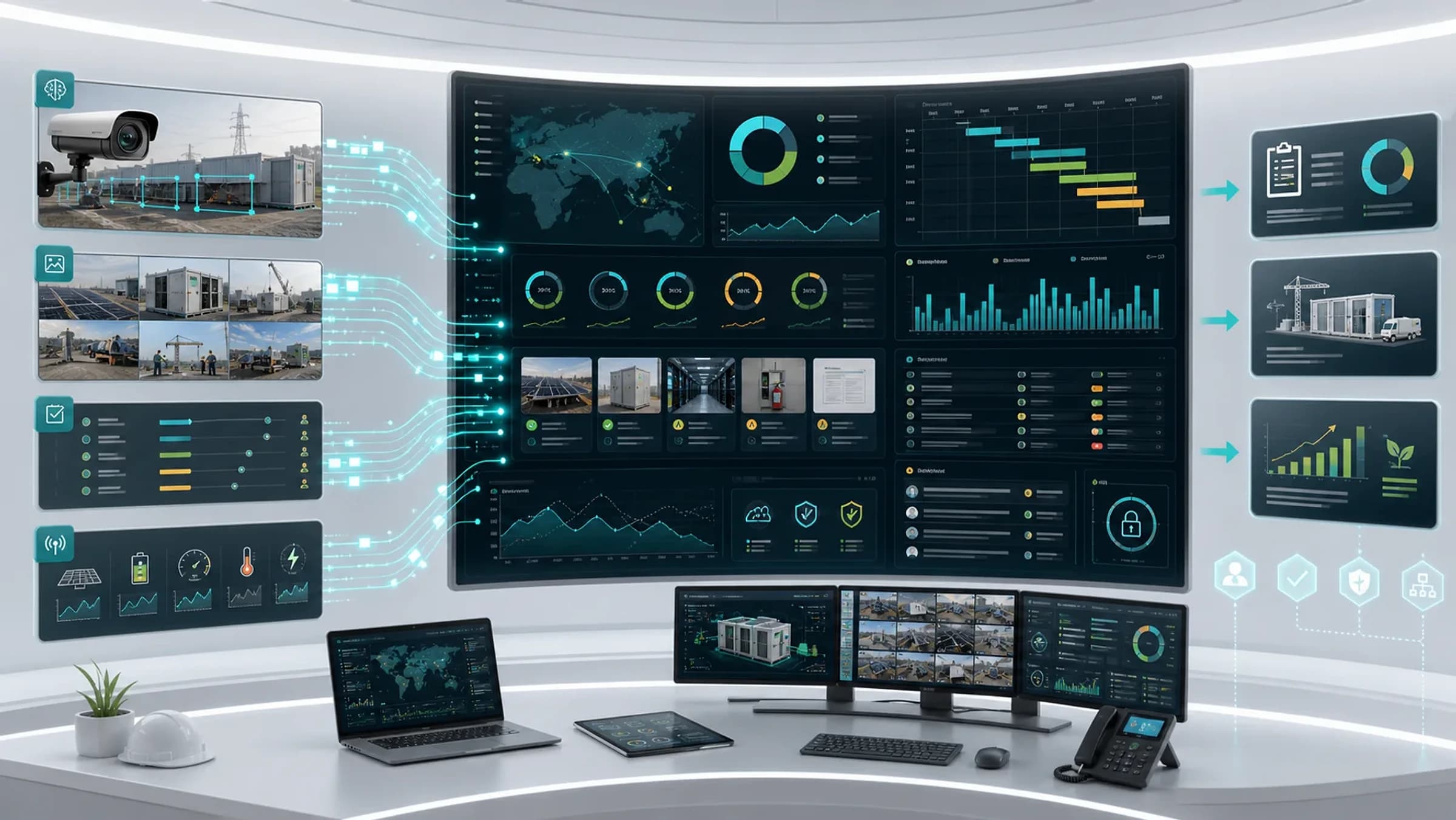 Premium engineering operations dashboard receiving camera, field report, task and sensor data.