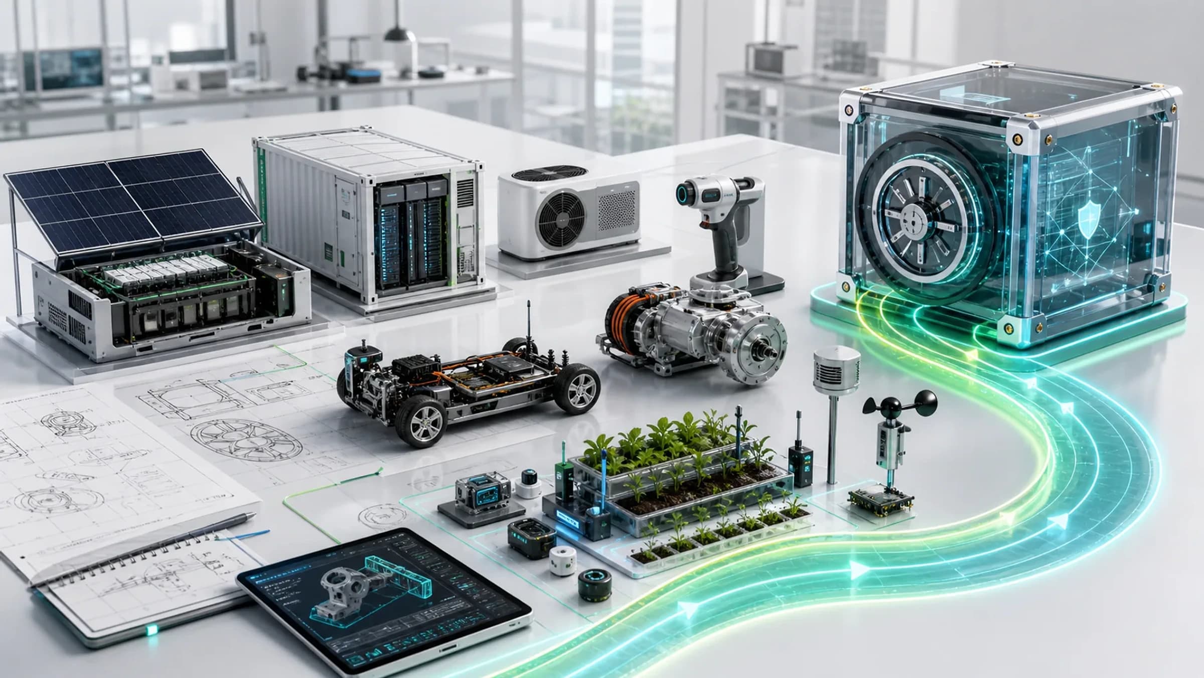 Photorealistic product innovation lab with engineered prototypes, documentation and secure IP vault.