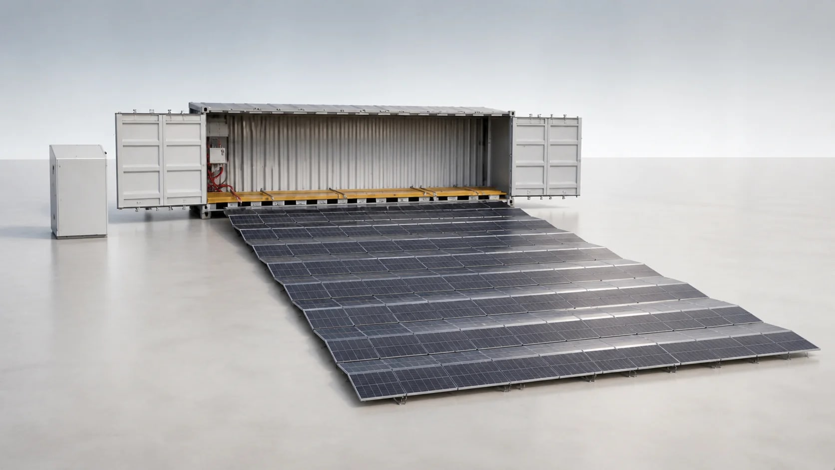 Thuanki FlexPV and FlexPower platform showing the collapsible solar array and containerized battery system.
